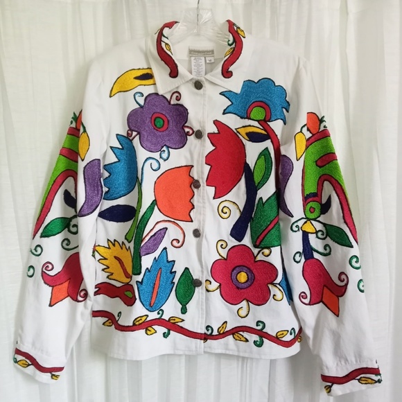Coldwater Creek Embroidered Jacket Tropical Floral White Cotton Denim Buttons M - Picture 8 of 8
